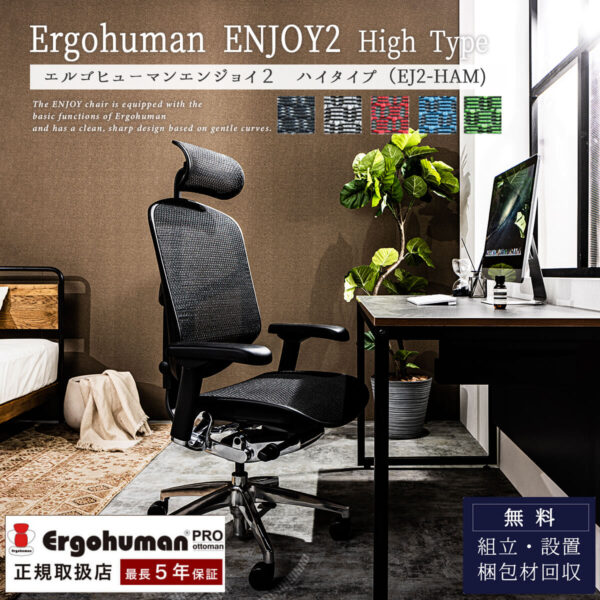 F01690_関家具 新型 エルゴヒューマン エンジョイ2 Ergohuman Enjoy2 ハイタイプ 正規品 オフィスチェア 多機能 高機能 高級 腰痛 ランバーサポート ヘッドレスト オススメ オフィス テレワーク ゲーミング おしゃれ 在宅ワーク EJ2-HAM(開梱設置付)