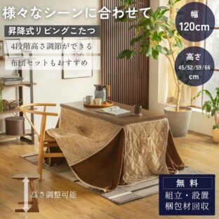 F02076_こたつテーブル 120×60cm 昇降式 高さ調整 4段階 45cm 52cm 59cm 66cm おしゃれ 北欧風 ロータイプ こたつ 一人暮らし ソファ合わせ リビングこたつ 長方形 ヒーター付き 開梱設置付き